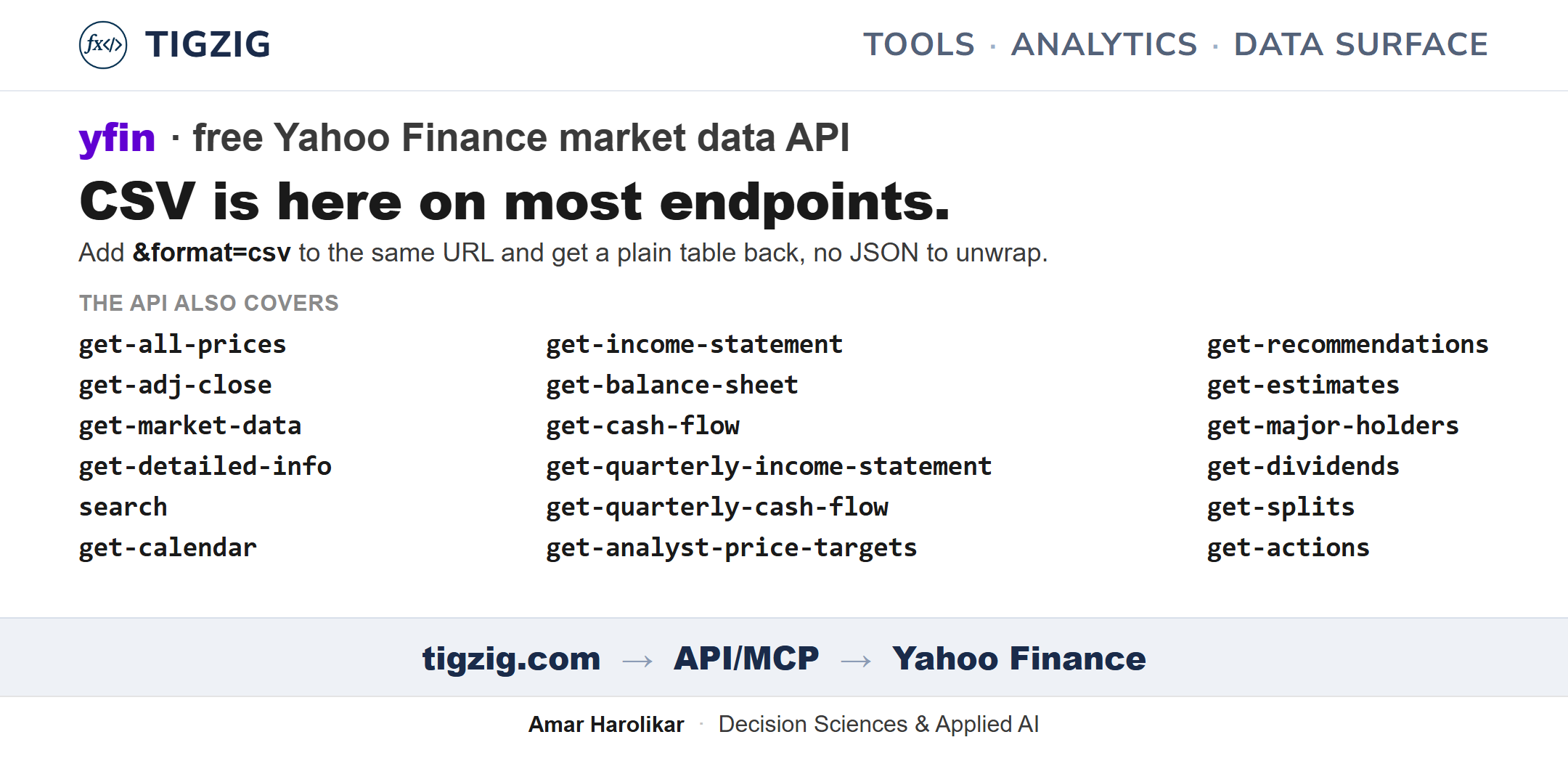 YFIN API Now Returns Plain CSV on Most Endpoints. Add format=csv to the Same URL.