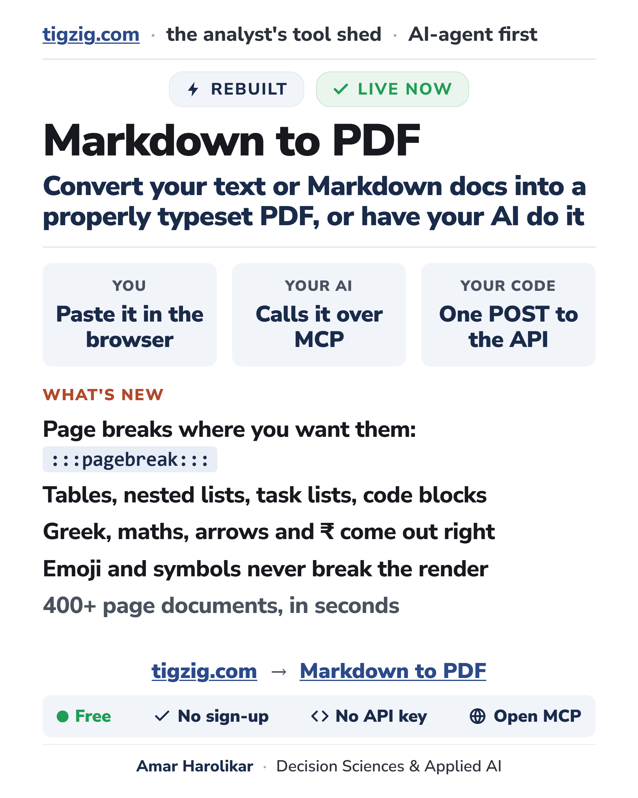 I Rebuilt the Markdown to PDF Converter on tigzig.com. Paste Text, Get a Properly Typeset PDF, or Have Your Agent Do It Over MCP.