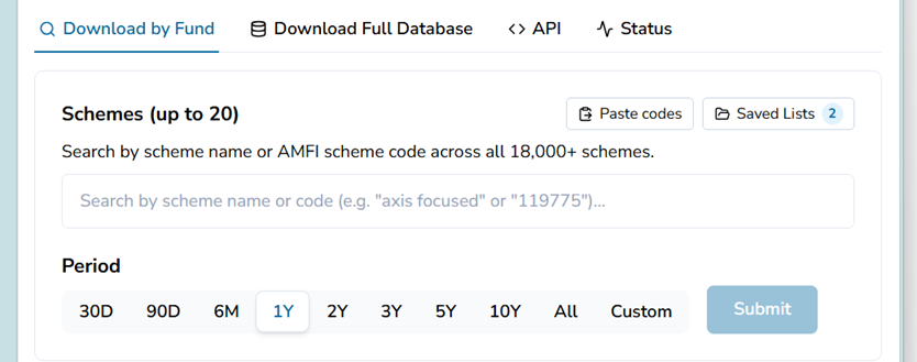 MFPRO Data & API Screen Live - Download the Whole India MF NAV Database in One Click. No Code, No API.