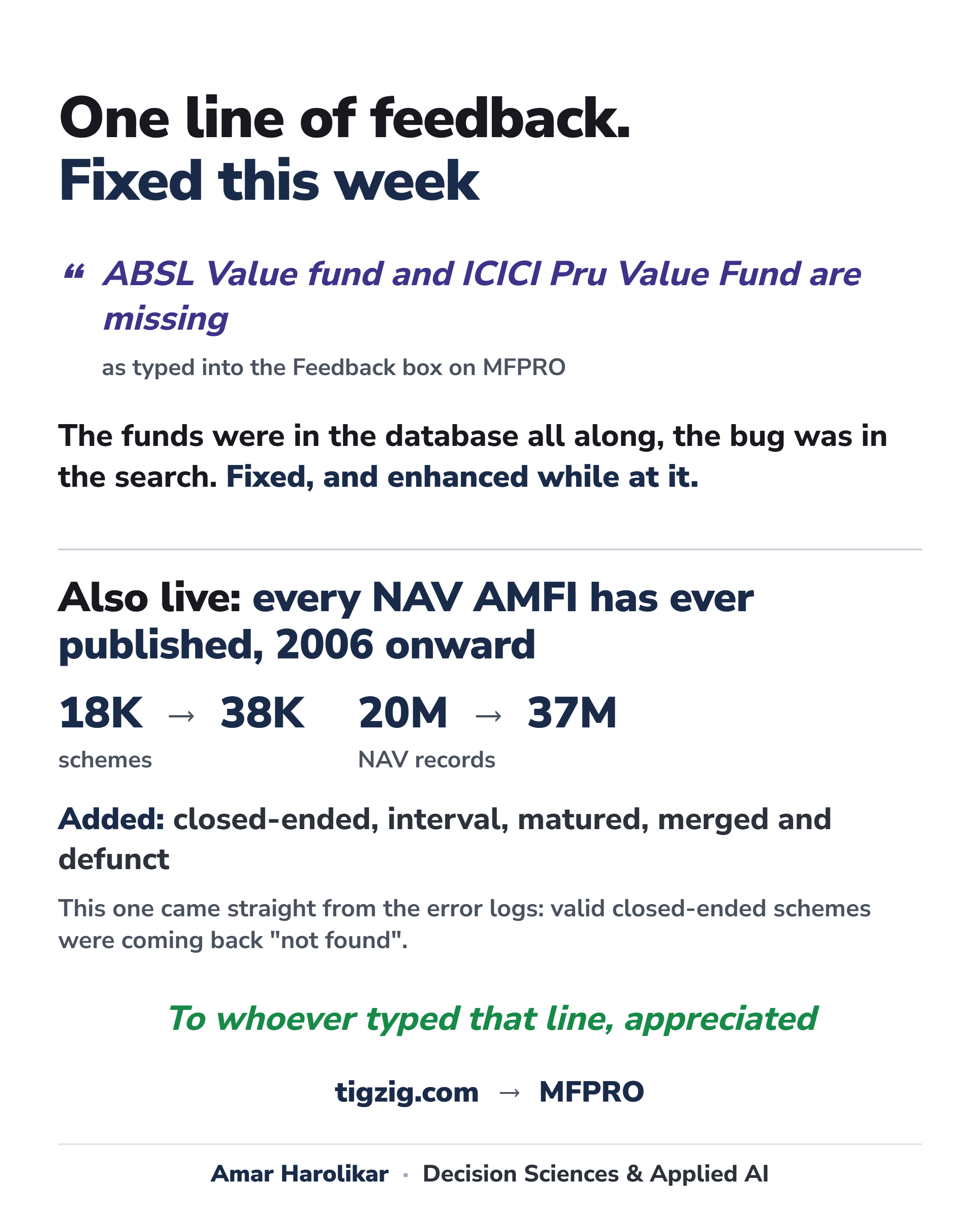 One Line of User Feedback, Fixed Within a Day. MFPRO Search Upgraded + Complete AMFI NAV History, 37M Rows, 2006 Onward.