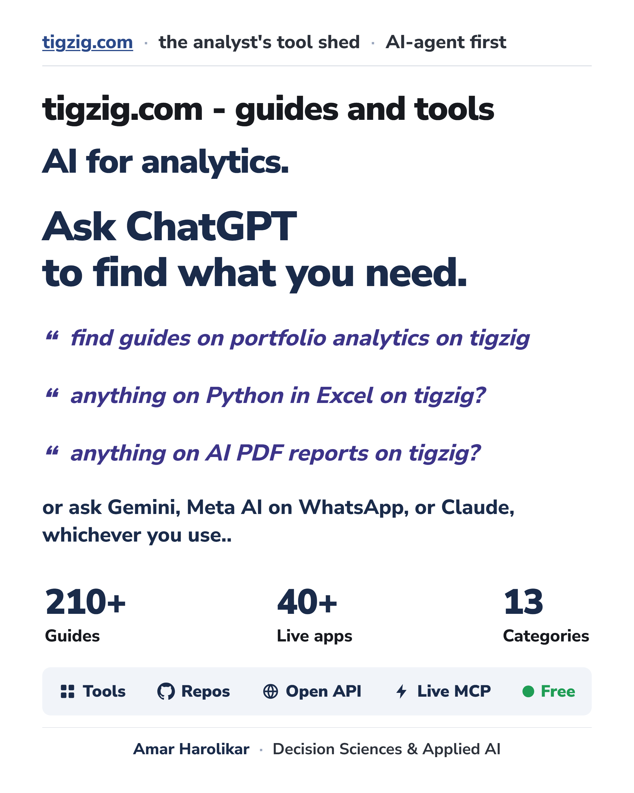 TigZig is Built Agent First. 300+ Assets on AI for Analytics. Just Ask Your ChatGPT, Gemini or Claude.
