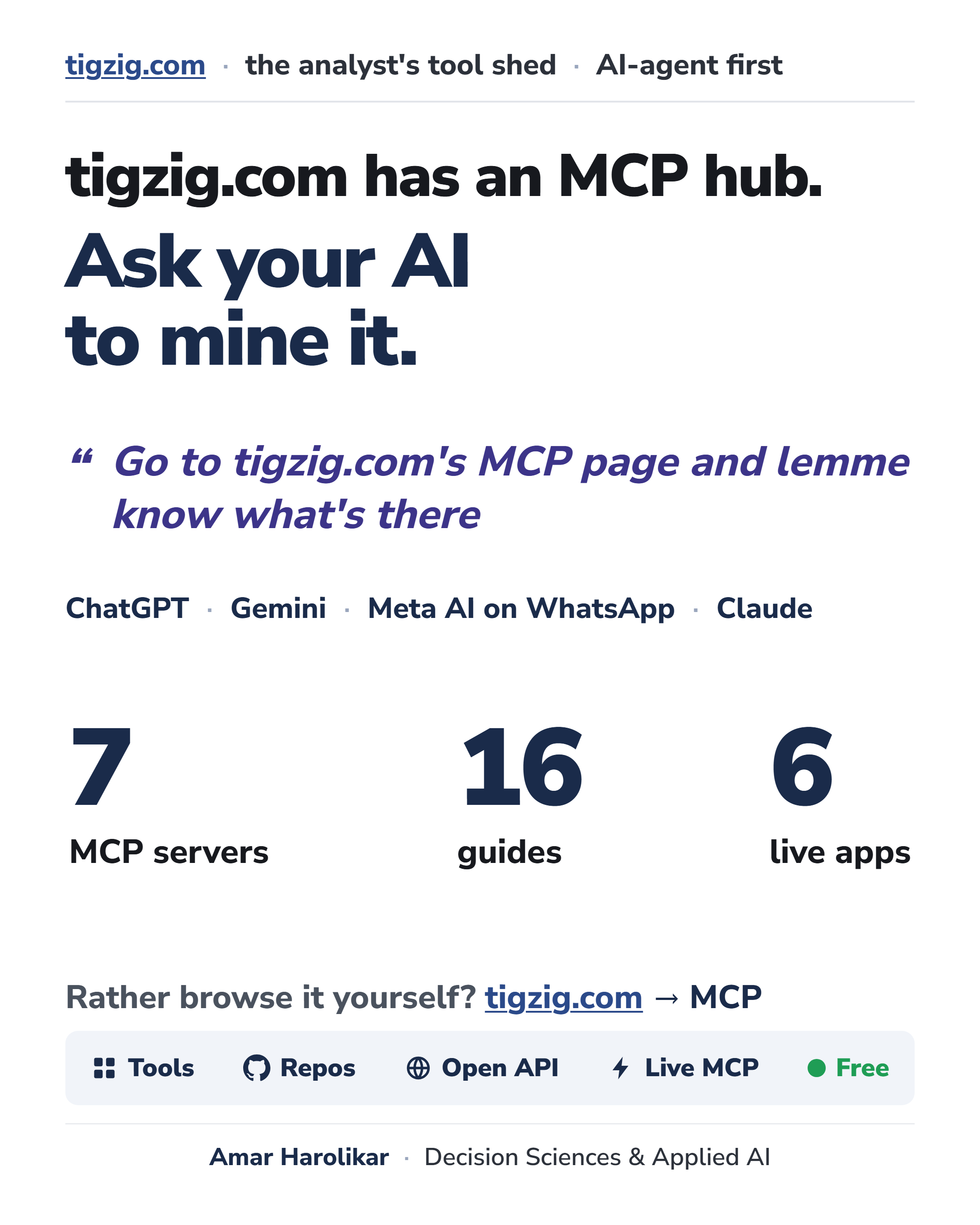 New MCP Hub on Tigzig.com - 7 MCP Servers, 6 Live Apps, 16 Guides, 108-Point Security Checklist. Just Ask Your AI.